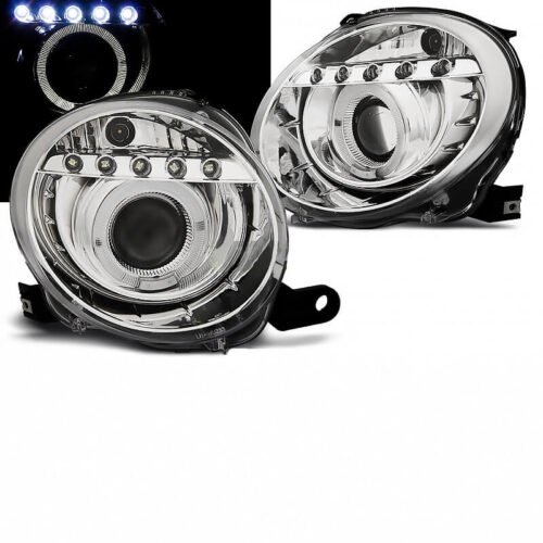 Μπροστινά Φανάρια Set Για Fiat 500 07-15 Angel Eyes & Led H1 Χρωμίου Με Μοτέρ JunYan