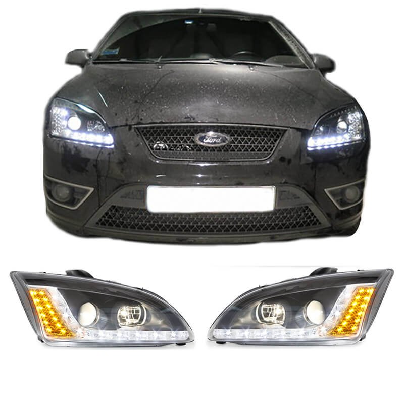 Μπροστινά Φανάρια Set Για Ford Focus 04-08 DRL & Led Φλας Μαύρα H1/H1 JunYan