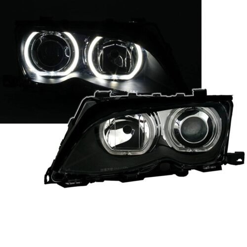 Μπροστινά Φανάρια Set Για Bmw 3 E46 Sedan/Caravan 01-05 Led Angel Eyes Μαύρα H7/H7 Με Μοτέρ Depo