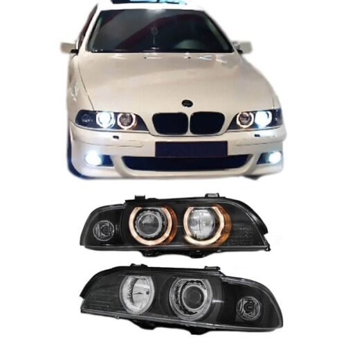 Μπροστινά Φανάρια Set Για Bmw 5 E39 95-03 Angel Eyes Μαύρα H7/H7 Με Μοτέρ Depo