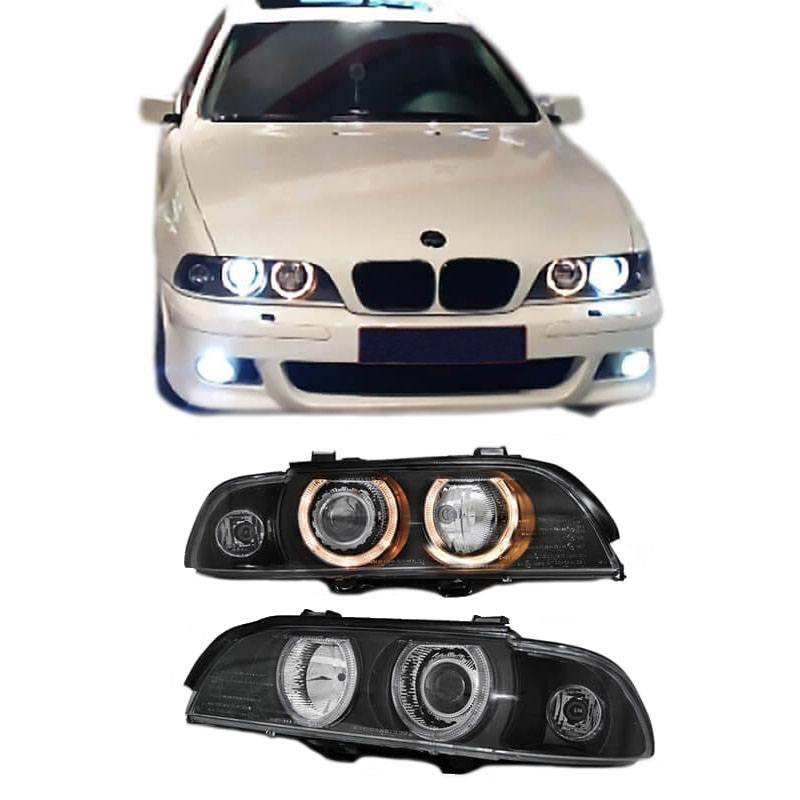 Μπροστινά Φανάρια Set Για Bmw 5 E39 95-03 Angel Eyes Μαύρα H7/H7 Με Μοτέρ Depo