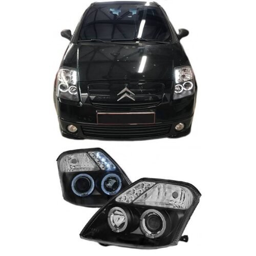 Μπροστινά Φανάρια Set Για Citroen C2 04-10 Angel Eyes & Led Μαύρα H1/H1 Manual JunYan