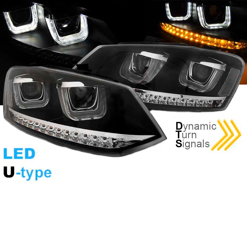 Μπροστινά Φανάρια Set Για Vw Polo 6R / 6C DRL U-Type & Dynamic Φλας Black H7/H7 Με Μοτέρ Eagle Eyes