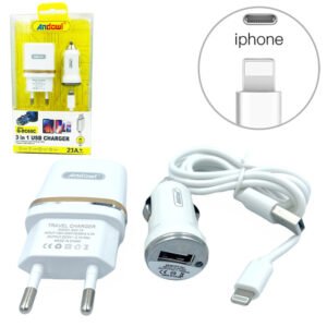 Φορτιστής Σετ Αυτοκίνητου Και Πρίζας  3 Σε 1 Με Θύρα USB-A Και Καλώδιο Lightning 100cm Q-DC60C Λευκό