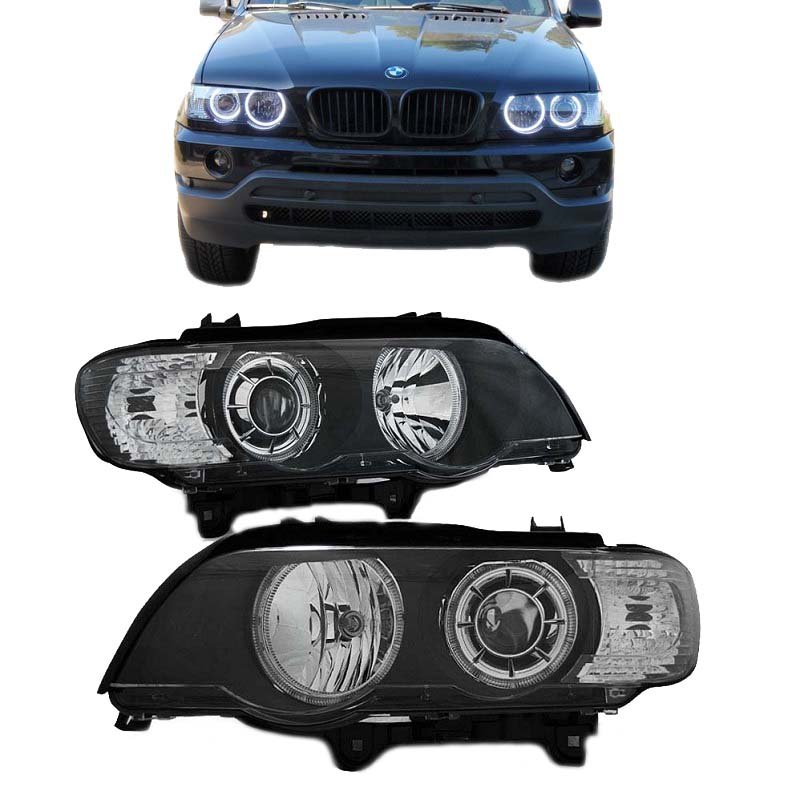 Μπροστινά Φανάρια Set Για Bmw X5 E53 99-03 Led Angel Eyes Μαύρα H7/H7 Με Μοτέρ Depo