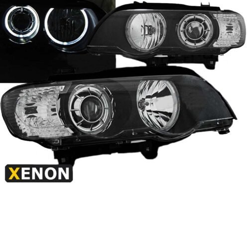 Μπροστινά Φανάρια Set Για Bmw X5 E53 99-03 Led Angel Eyes & Led Φλας Μαύρα Xenon D2S/H7 Με Μοτέρ Depo