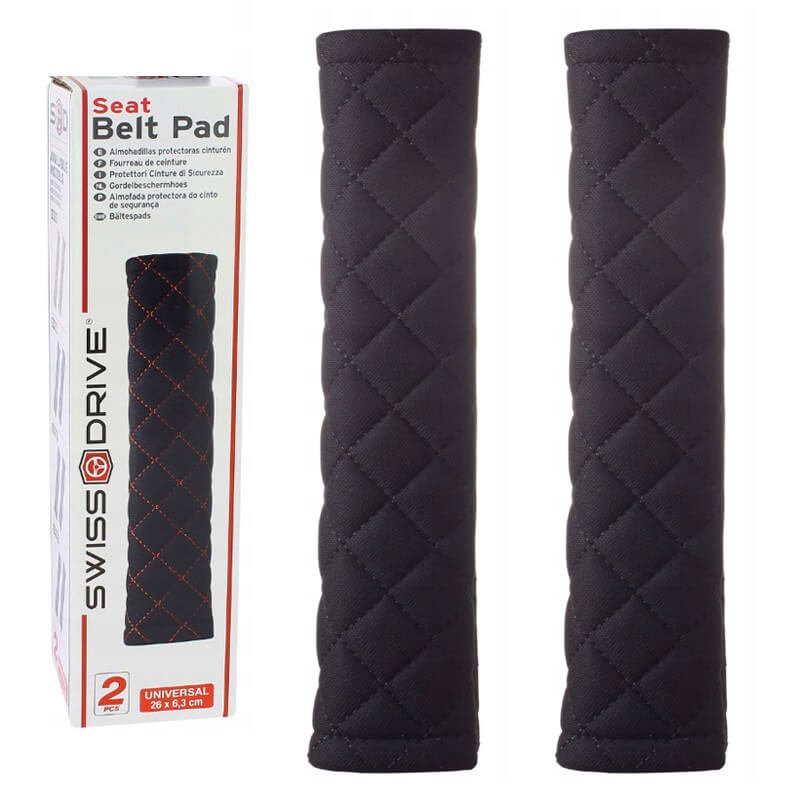 Μαξιλαράκια Ζώνης Ασφαλείας Swiss 26x6.3cm Μαύρα Με Μαύρη Ραφή Ζευγάρι 2 Τεμάχια