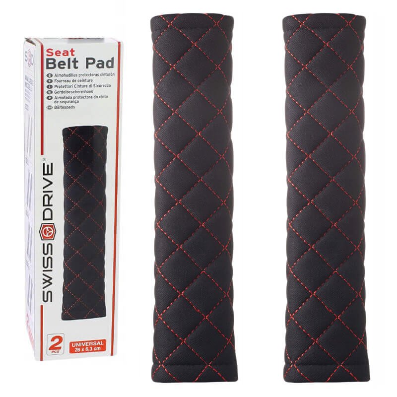Μαξιλαράκια Ζώνης Ασφαλείας Swiss 26x6.3cm Μαύρα Με Κόκκινη Ραφή Ζευγάρι 2 Τεμάχια